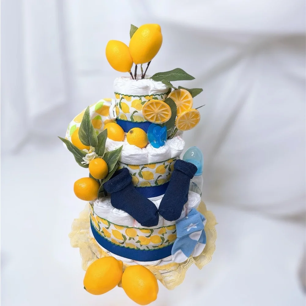 Lemon-Themed Diaper Cake with Blue Accents